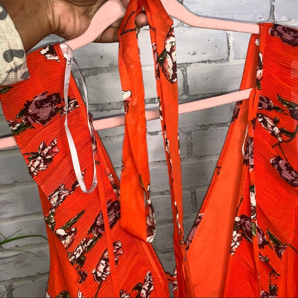 LULUS | Loved By You Red Orange Floral Print Long Pleated Chiffon Maxi Dress - Picture 9 of 13
